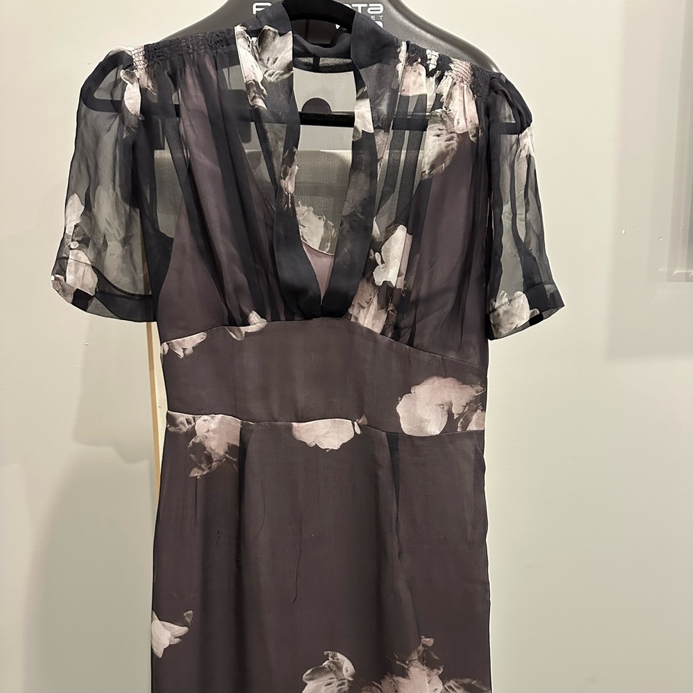 Alberta Ferretti Aubergine and Black Silk Floral Midi Dress with Slip